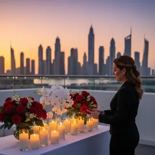 Luxury yacht proposal in Dubai Marina with floral styling and sunset views