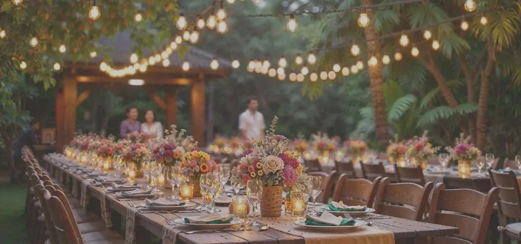 Outdoor garden dinner party with floral centrepieces and string lights
