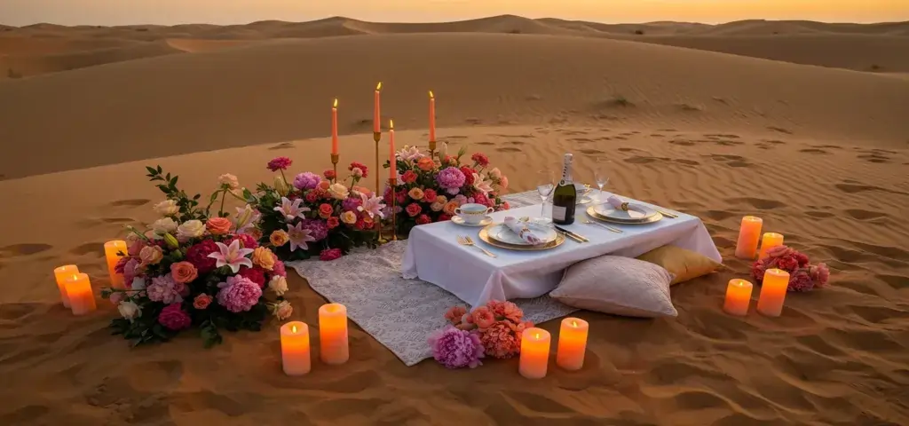 Romantic desert dinner setup with candles and flowers at sunset